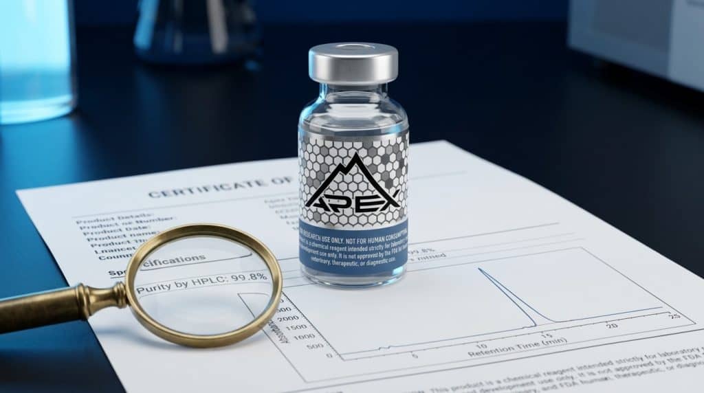 Certificate of Analysis with HPLC chromatogram for research peptide purity verification — Apex Laboratory
