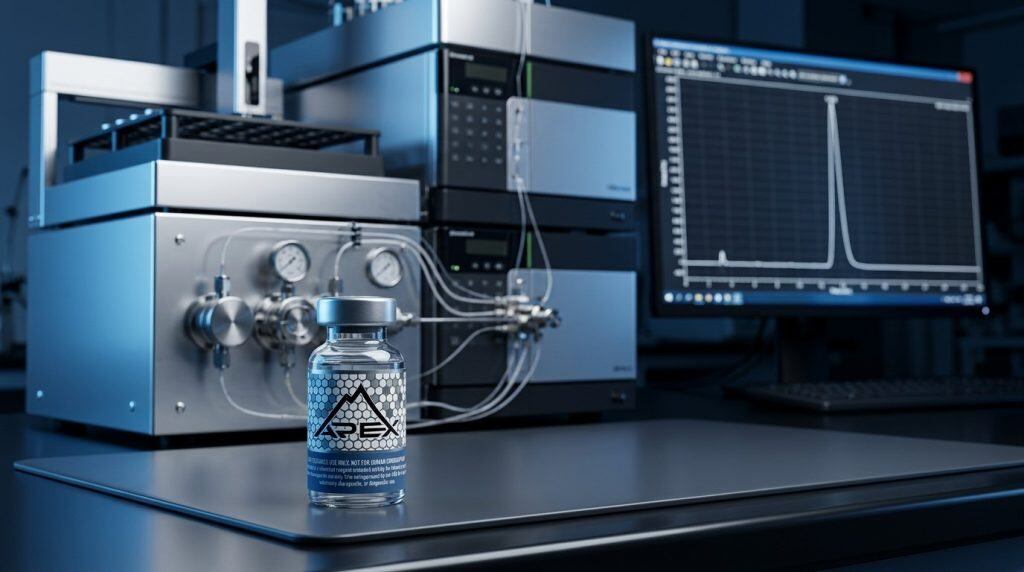 HPLC instrument displaying peptide purity chromatogram — analytical verification process — Apex Laboratory