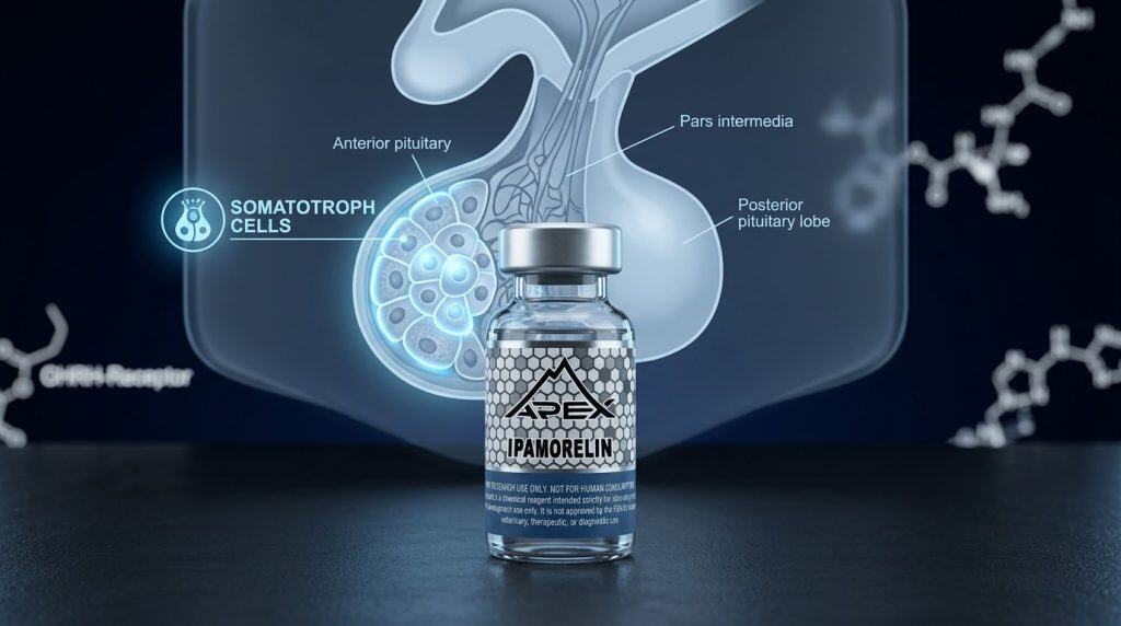 Ipamorelin selective growth hormone secretagogue research peptide with pituitary diagram — Apex Laboratory