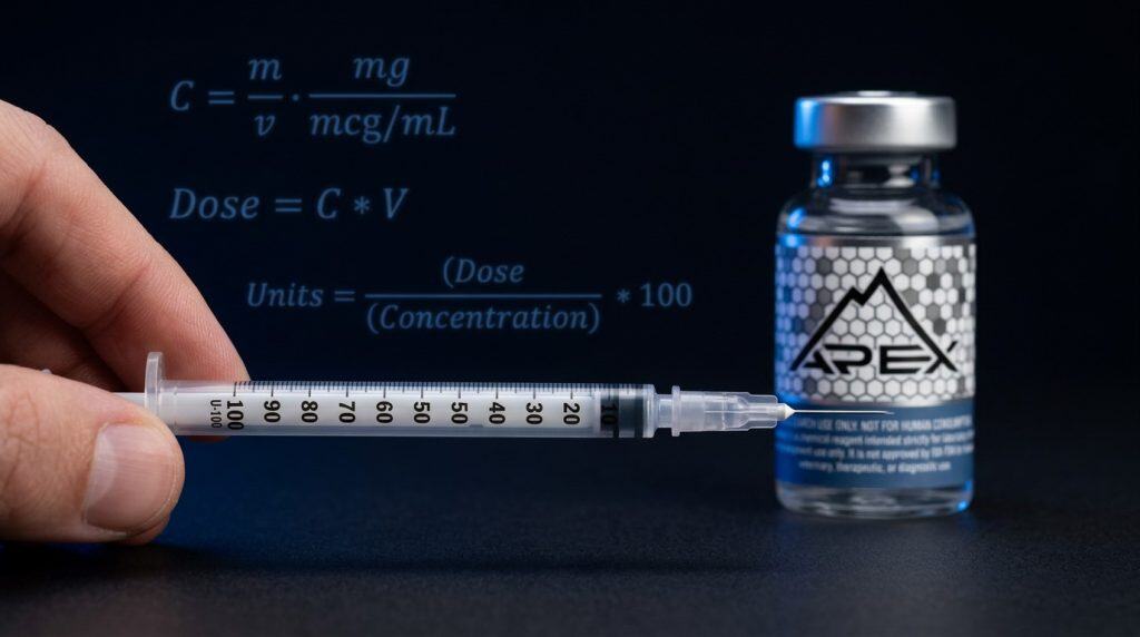 Insulin syringe with peptide dosing measurement markings — mcg to unit conversion guide — Apex Laboratory