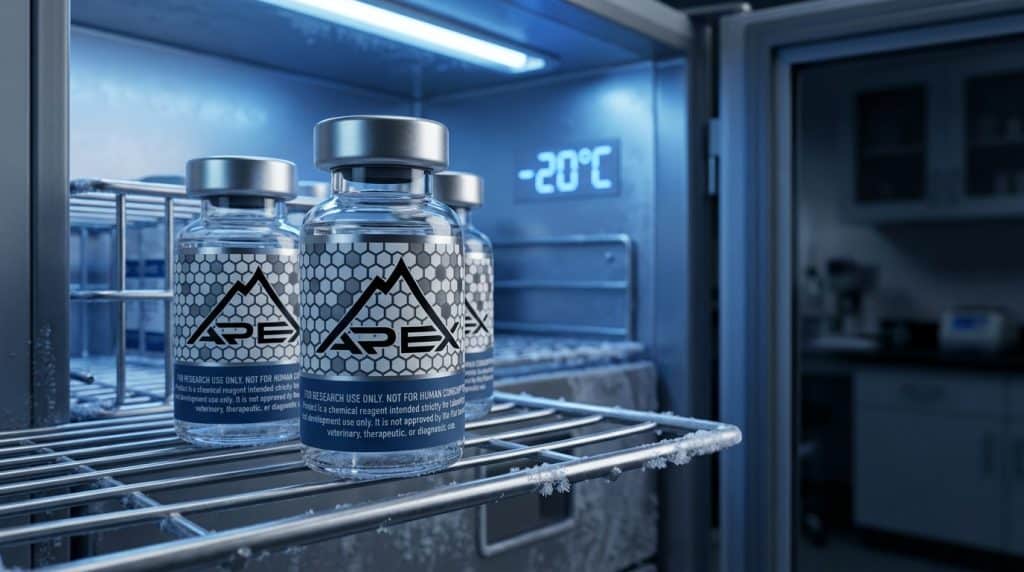 Research peptide vials stored at -20°C in laboratory freezer — proper peptide storage conditions — Apex Laboratory