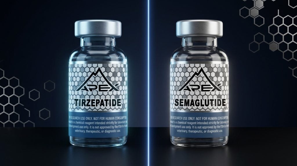 Semaglutide vs Tirzepatide research comparison — GLP-1 agonist vs dual GIP/GLP-1 agonist — Apex Laboratory