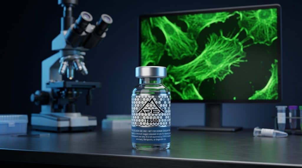 TB-500 Thymosin Beta-4 research peptide with actin cytoskeleton microscopy — mechanism and studies — Apex Laboratory
