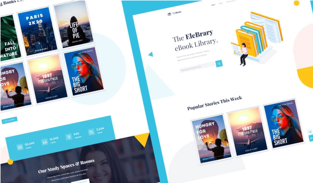 Diseño de sitios web de la biblioteca electrónica de libros electrónicos con portadas de libros y salas de estudio.