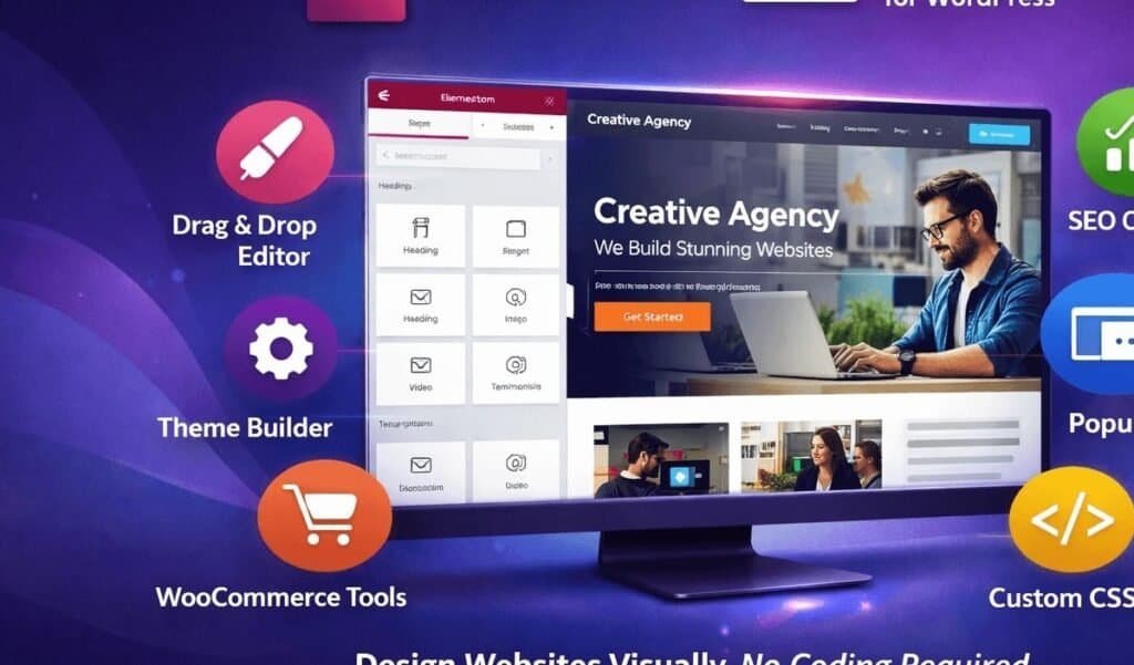 Creador de sitios web de WordPress de Elementor Pro con el editor de arrastrar y soltar, generador de temas y herramientas de WooCommerce.