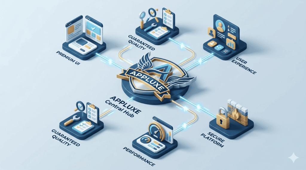 Isometric digital diagram illustrating how the Appluxe hub connects diverse apps to boost search authority.