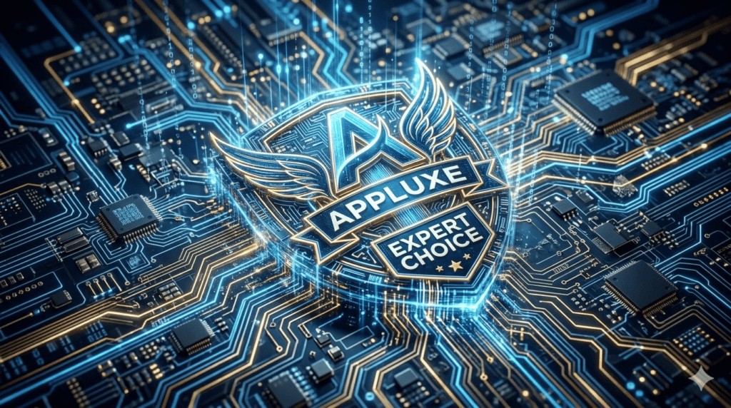 Futuristic digital art representing the integration of AI into the Appluxe app review structure.
