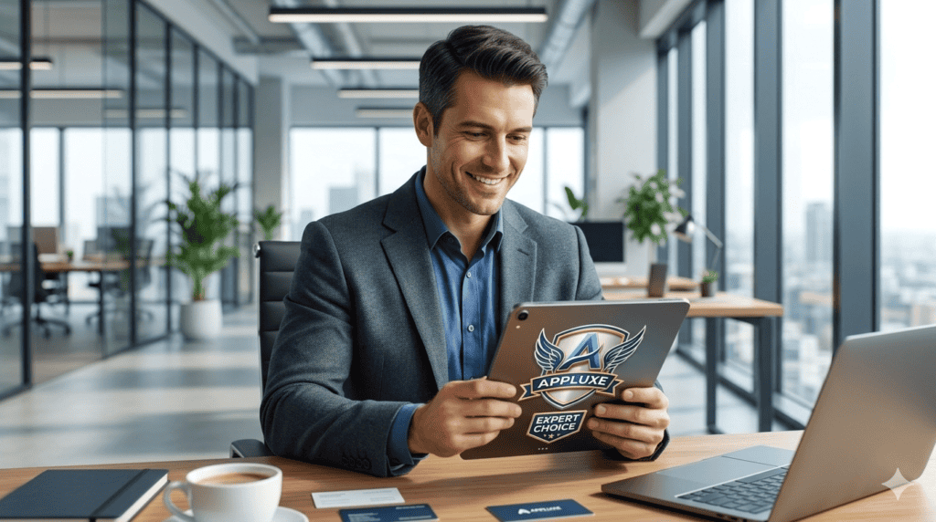 Business professional trusting the Appluxe Expert Choice badge for software selection.