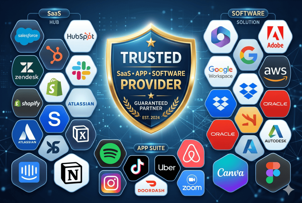 Logos von SaaS-, App- und Softwareanbietern: Salesforce, HubSpot, Adobe, Google Workspace, Shopify und mehr.