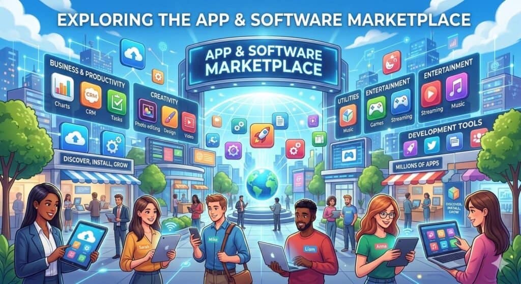 App & software marketplace graphic featuring business, creativity, entertainment, & development tools.