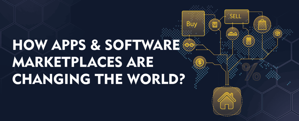 Apps and software marketplaces graphic with buy/sell icons on world map.