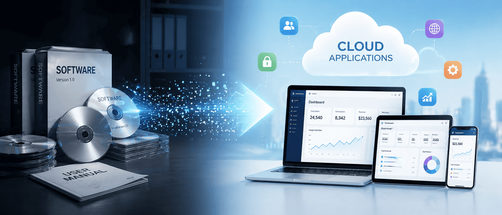 Aplicaciones en la nube en dispositivos, cajas de software y CD con transferencia de datos digitales