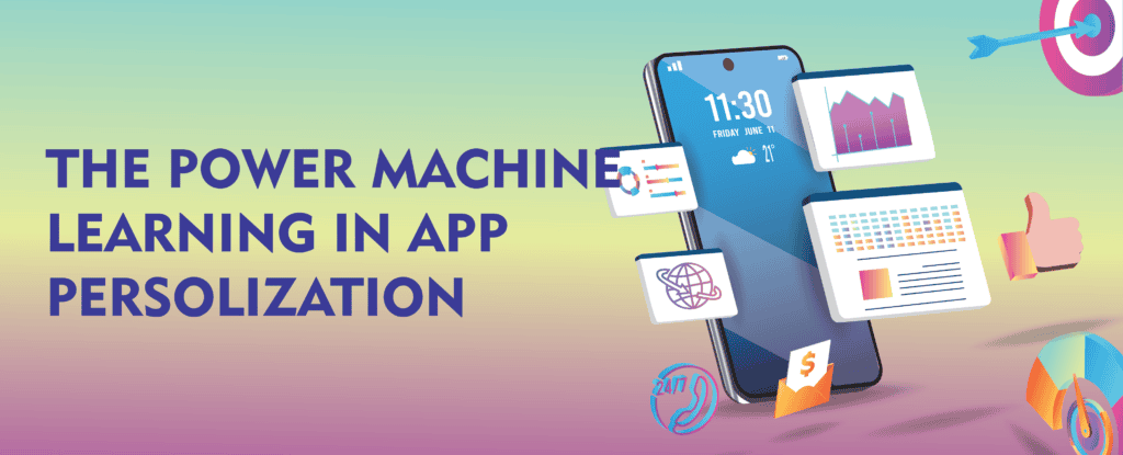 Machine learning in app personalization on a smartphone display with data visualizations.