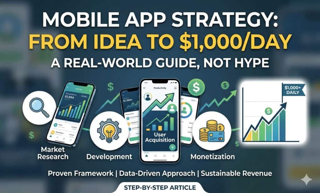 Mobile app strategy from idea to $1,000/day: market research, development, user acquisition, monetization.