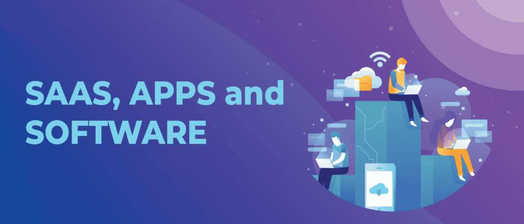 SaaS, Apps, and Software graphic with people using laptops connected to a cloud network.