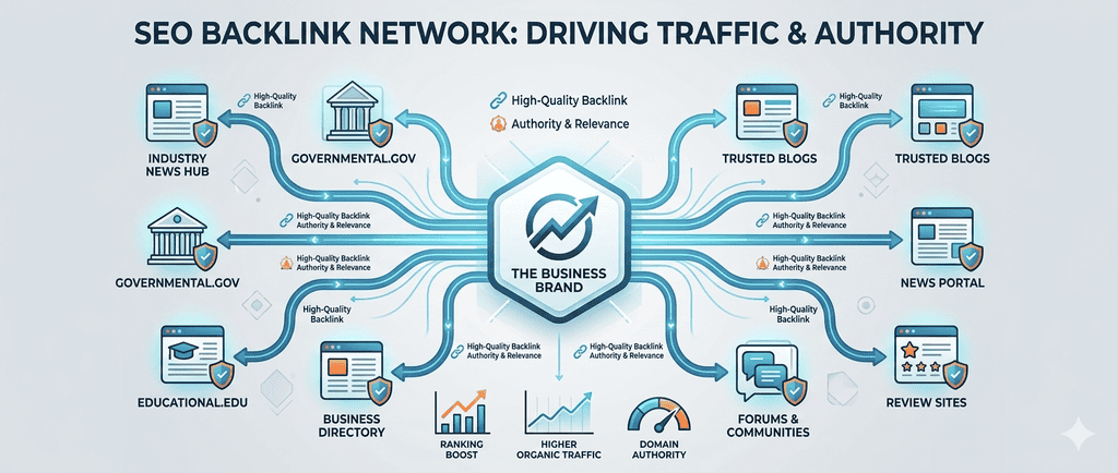 SEO backlink network diagram showing traffic and authority drivers like .gov, .edu, and trusted blogs.