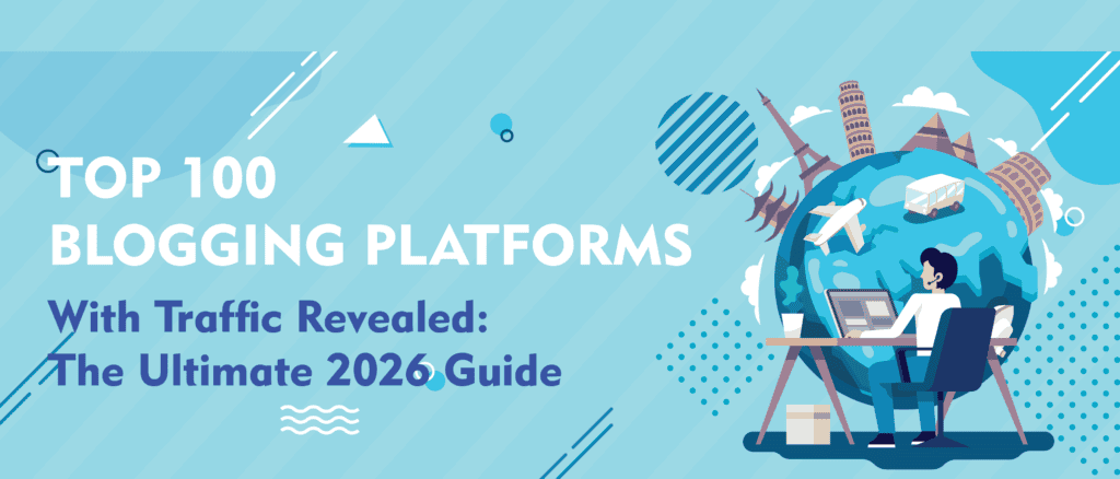 Top 100 blogging platforms graphic: Man blogging with world landmarks.