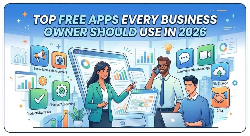 Top free business apps for 2026: social media, finance, communication, file storage, CRM, and productivity.