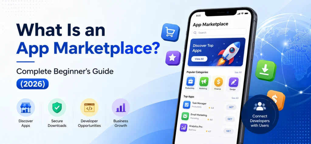 App marketplace illustration with phone displaying apps, icons for discover, secure, developer, and business growth.
