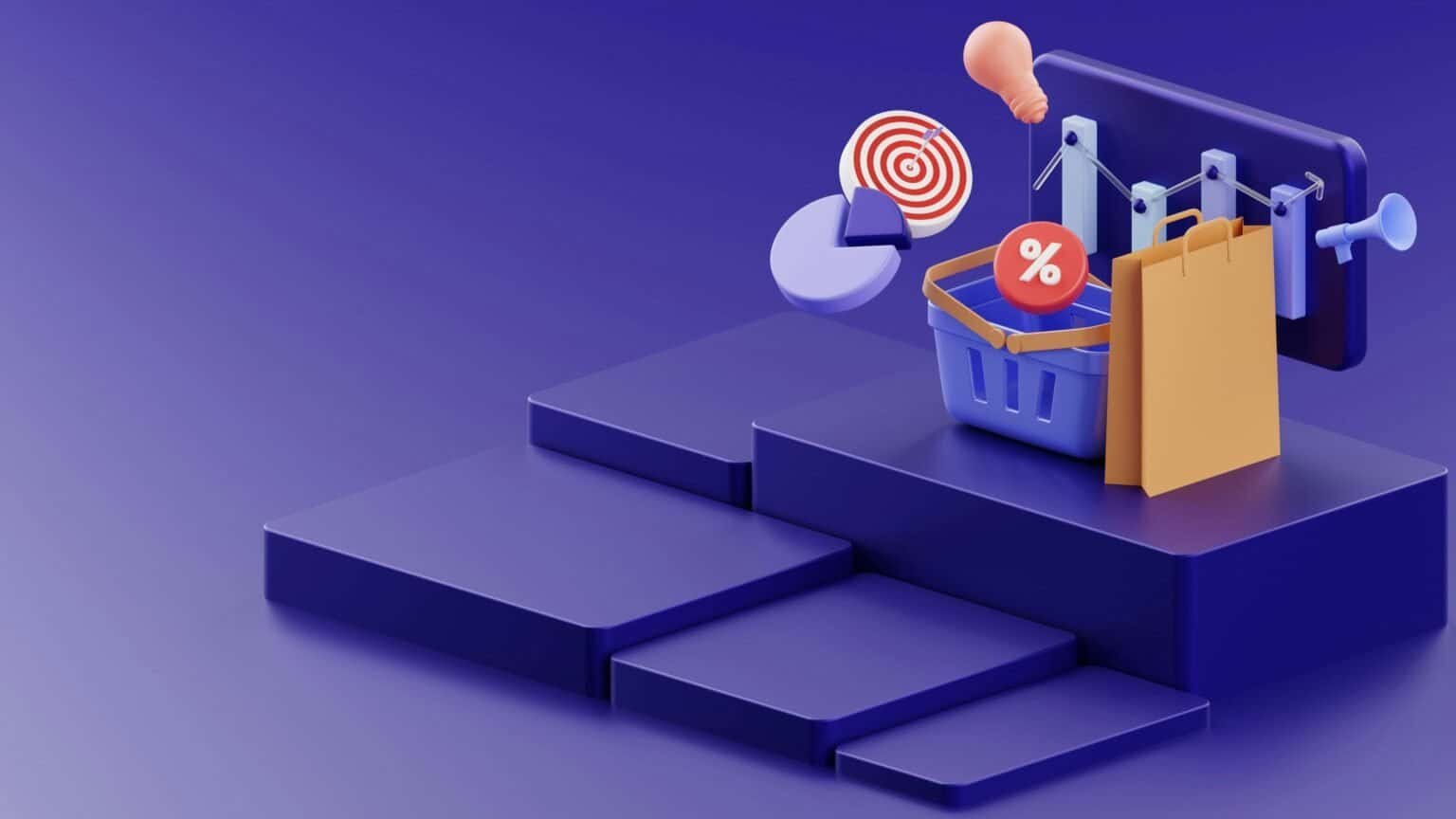 3D render of a shopping basket with marketing icons: target, pie chart, lightbulb, percentage sign.