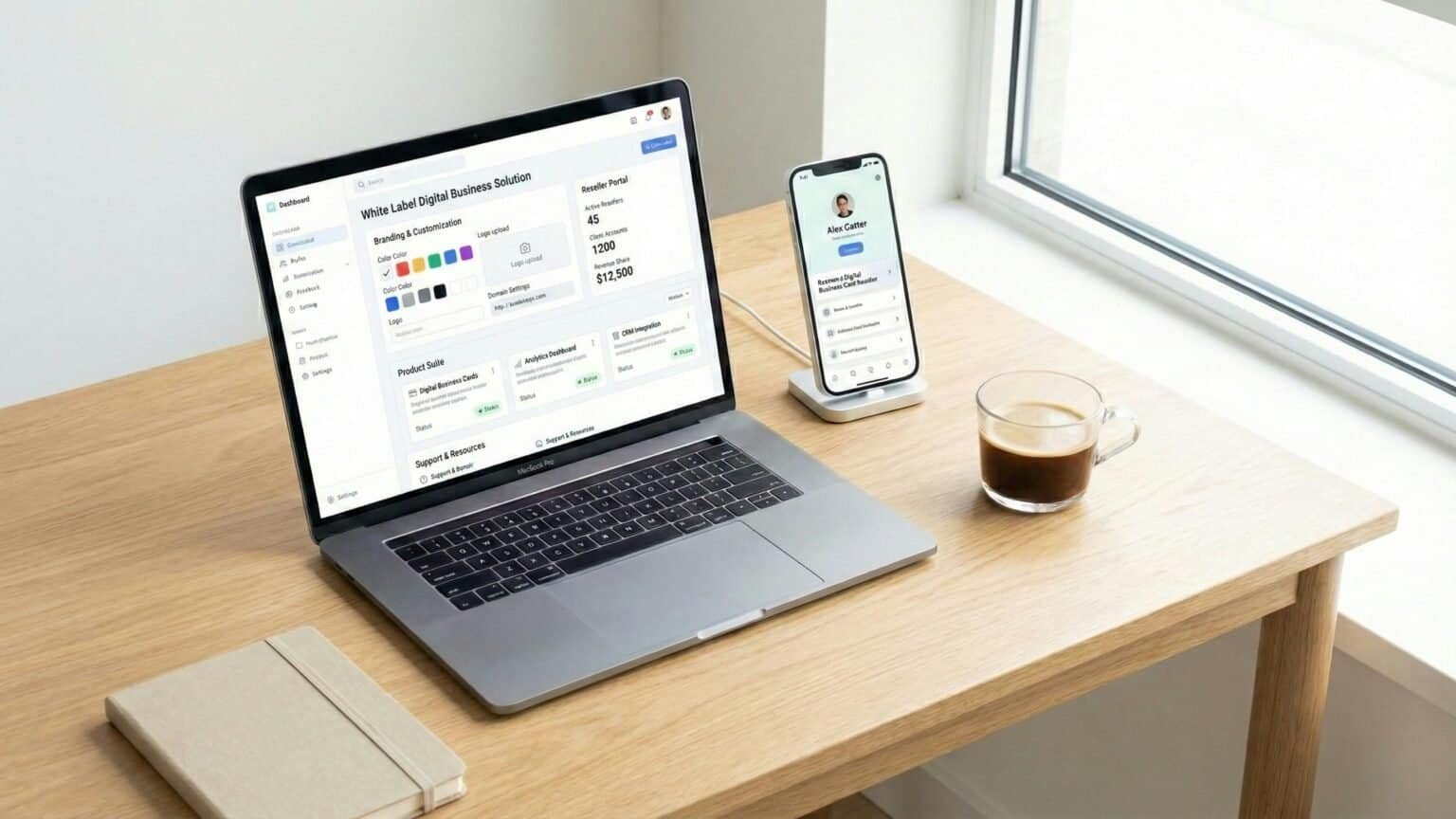 Laptop displaying a digital business solution dashboard with a smartphone and coffee