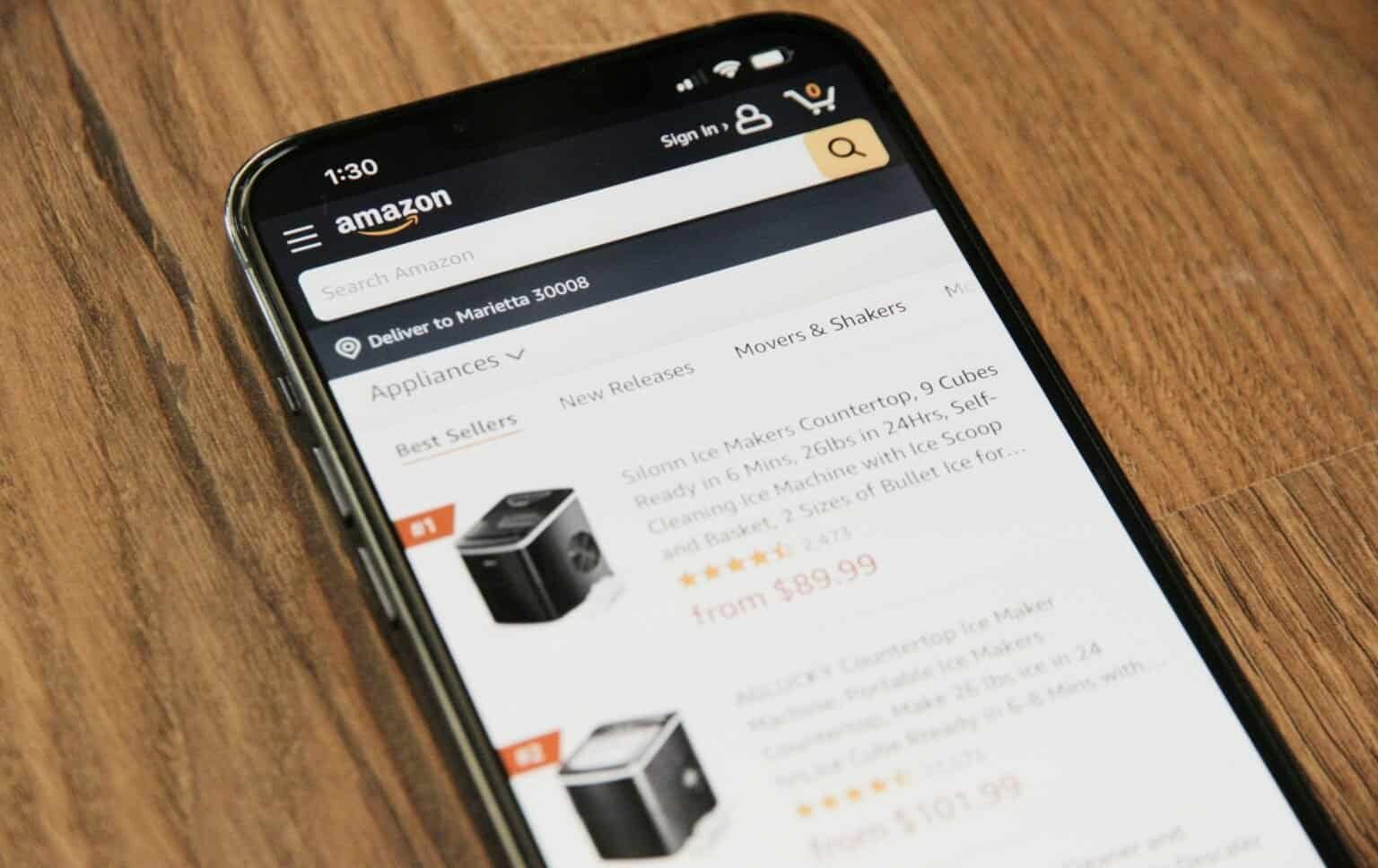 Amazon app showing ice maker search results with prices and ratings
