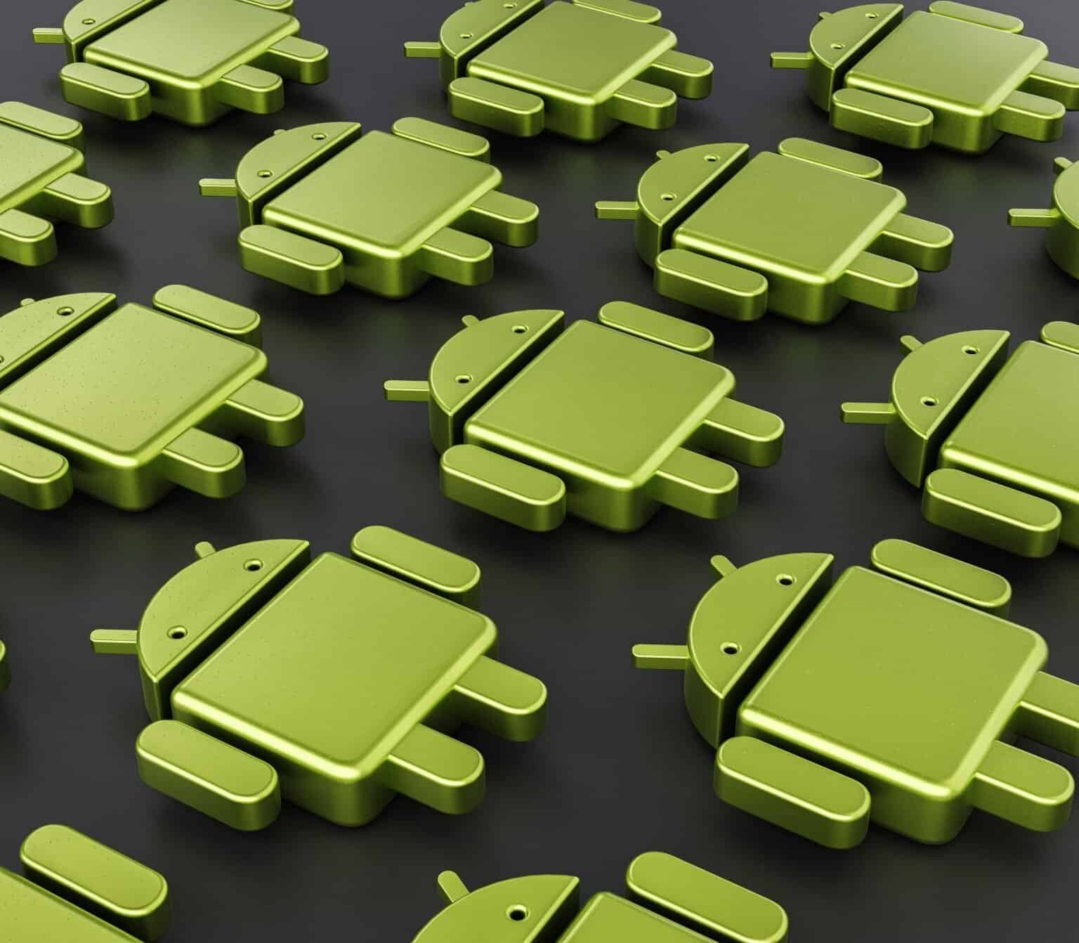 Numerous metallic green Android robot logos arranged in a grid pattern on a dark background.