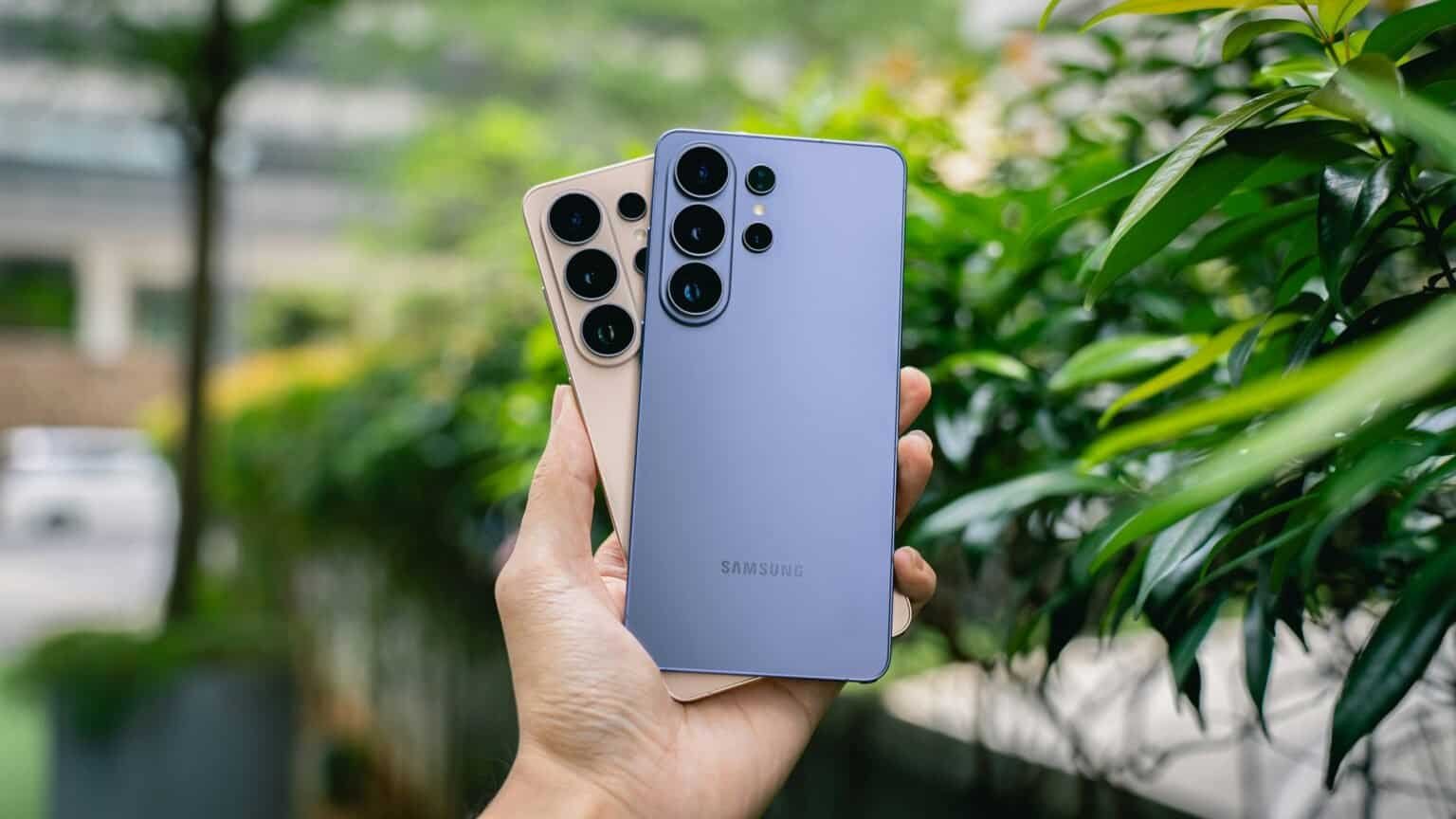 Samsung Galaxy S23 Ultra phones in lavender and beige, showcasing camera array.