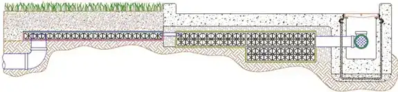 Section detail showing a shallow geocellular stormwater attenuation tank beneath paving/landscaping, with inlet/outlet pipes and an inspection chamber for infiltration. Section detail showing a shallow geocellular stormwater attenuation tank beneath paving/landscaping, with inlet/outlet pipes and an inspection chamber for infiltration.