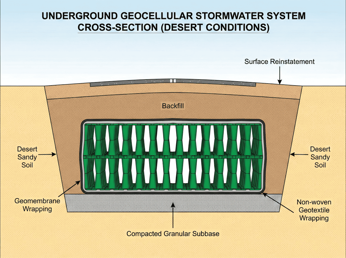 Technical cross-section diagram showing geocellular stormwater system layers for arid climate installation including compacted fill geotextile modules and cover
