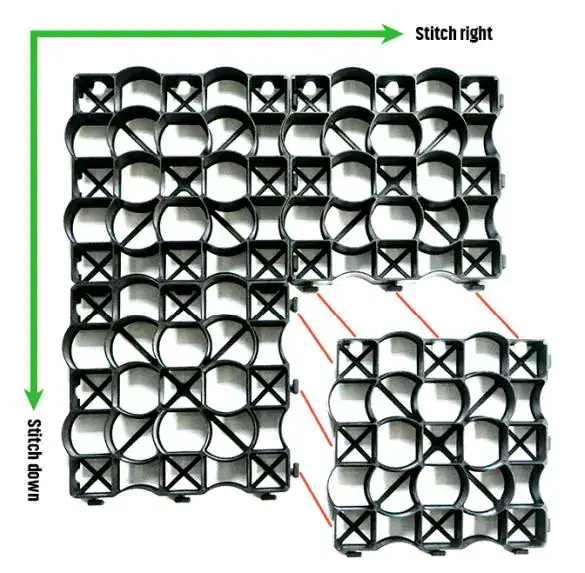 Installation guide for interlocking ground grid: leveling sub-base, laying panels, and filling with gravel for stable drainage
