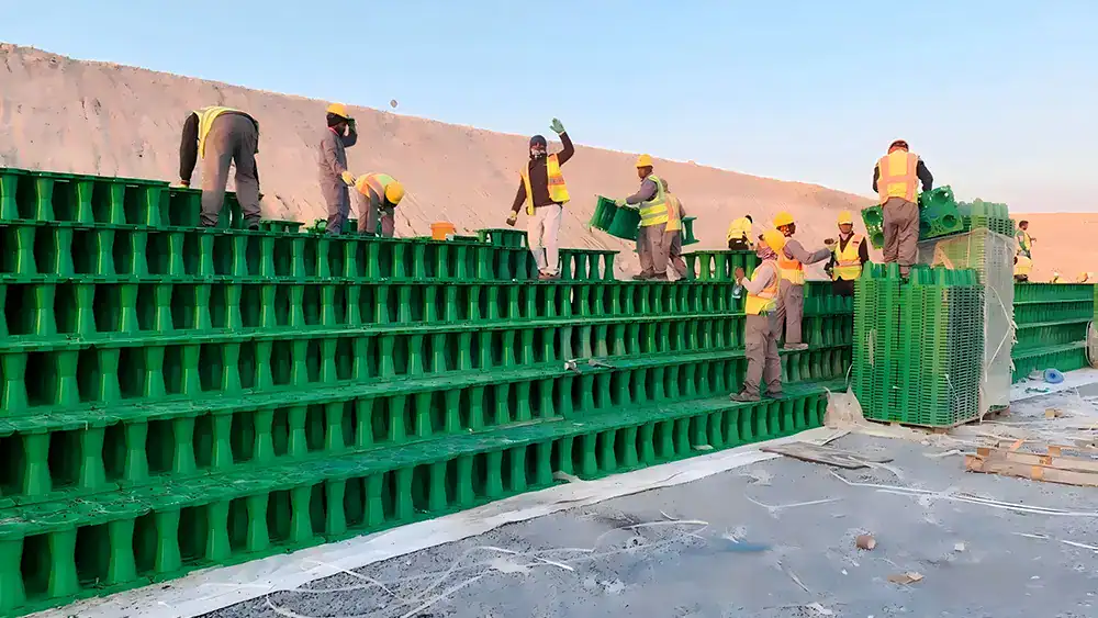 Installation of high-capacity underground stormwater infiltration tanks on construction site.