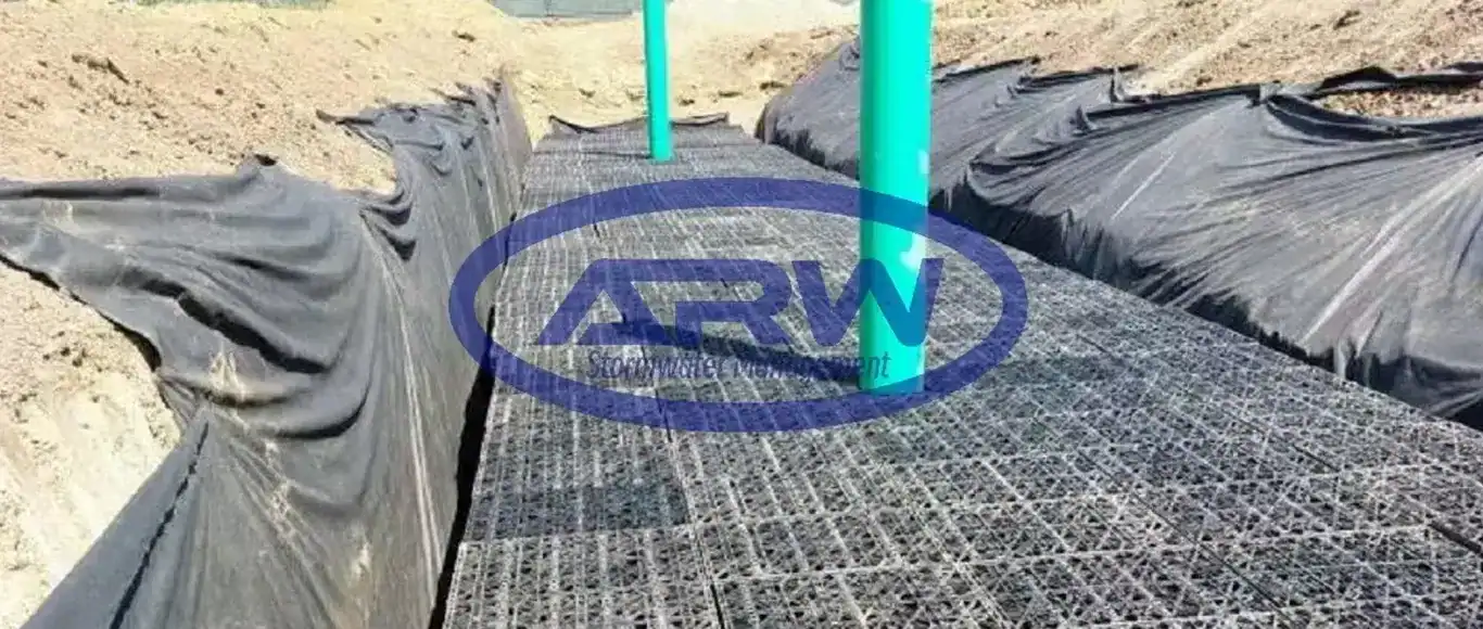 Worker installing a geocellular underground stormwater detention system at a US jobsite — plastic modules placed on a stone base in a geomembrane-lined excavation with geotextile protection. Worker installing a geocellular underground stormwater detention system at a US jobsite — plastic modules placed on a stone base in a geomembrane-lined excavation with geotextile protection.