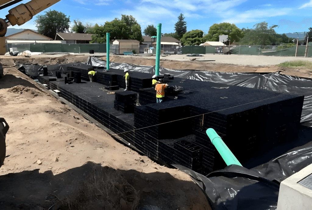 Installation of impermeable LLDPE geomembrane liner wrapping around underground geocellular stormwater detention tanks.