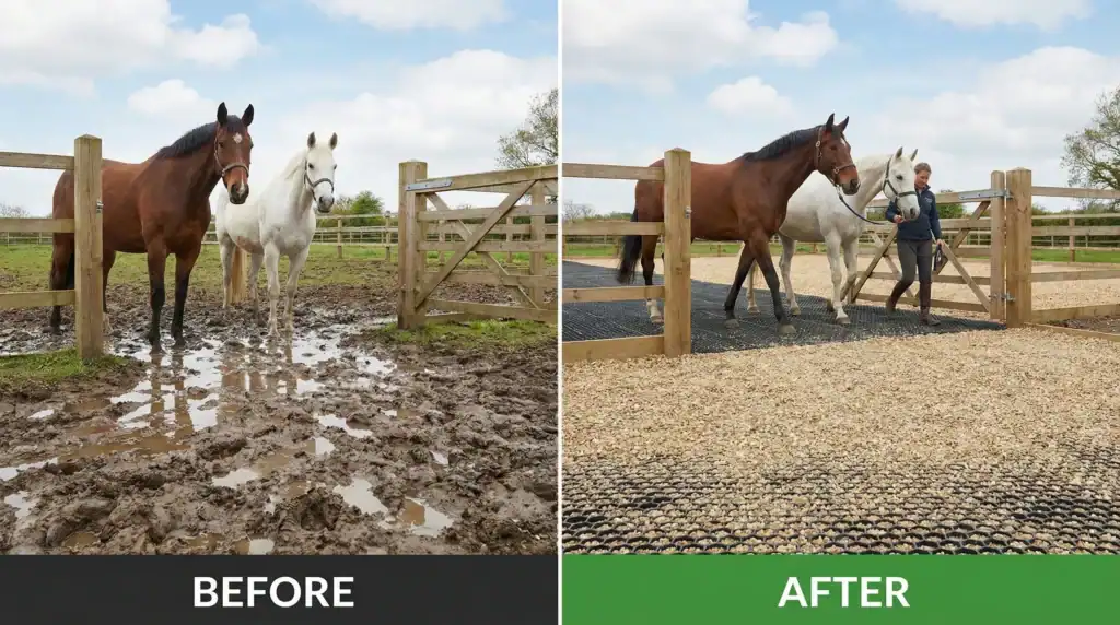 Before and after comparison of muddy paddock gate transformed with horse paddock grid and gravel infill for permanent mud control