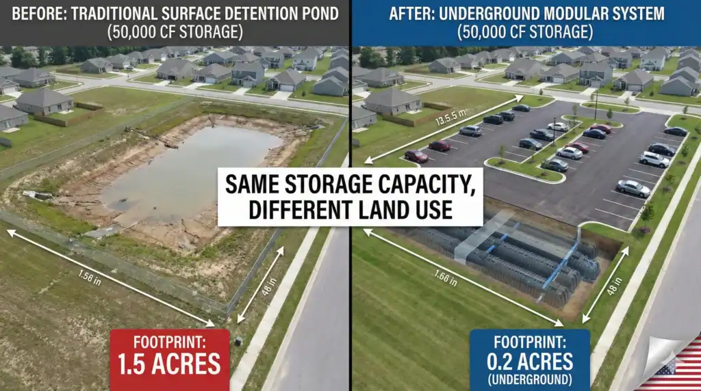 Footprint comparison between surface detention pond and underground modular stormwater system
