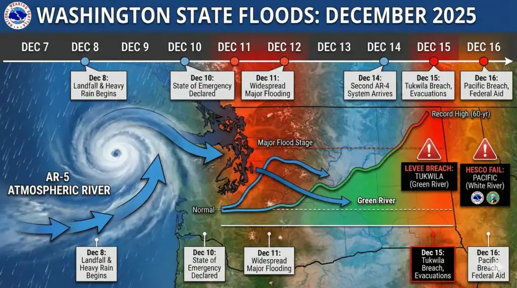 December 2025 Washington flood timeline showing how atmospheric rivers overwhelmed stormwater detention systems leading to levee breaches at Tukwila and Pacific