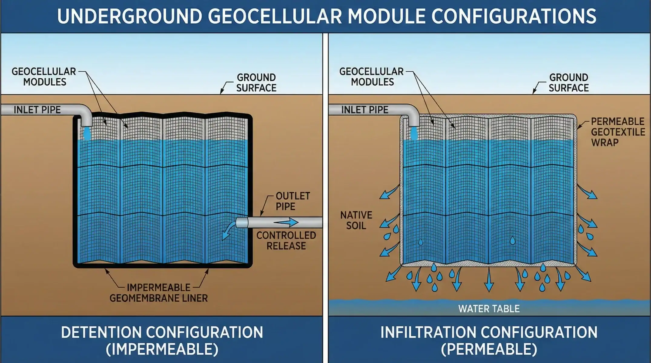 Underground geocellular module configurations detention with impermeable liner versus infiltration with permeable geotextile
