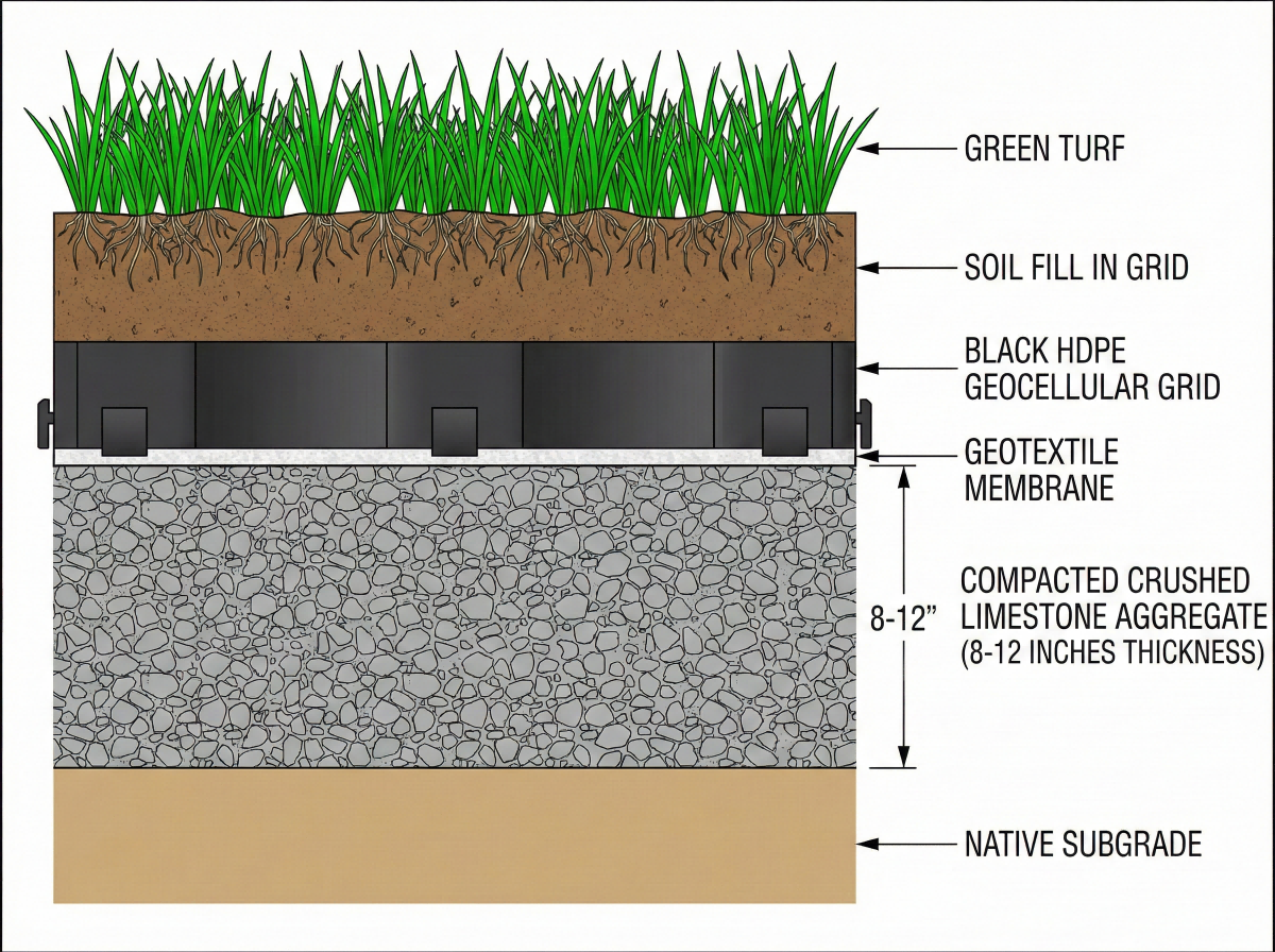 Cross-section diagram showing grass paver grid fire lane layers: turf surface, soil fill, HDPE grid, geotextile, and compacted aggregate subbase