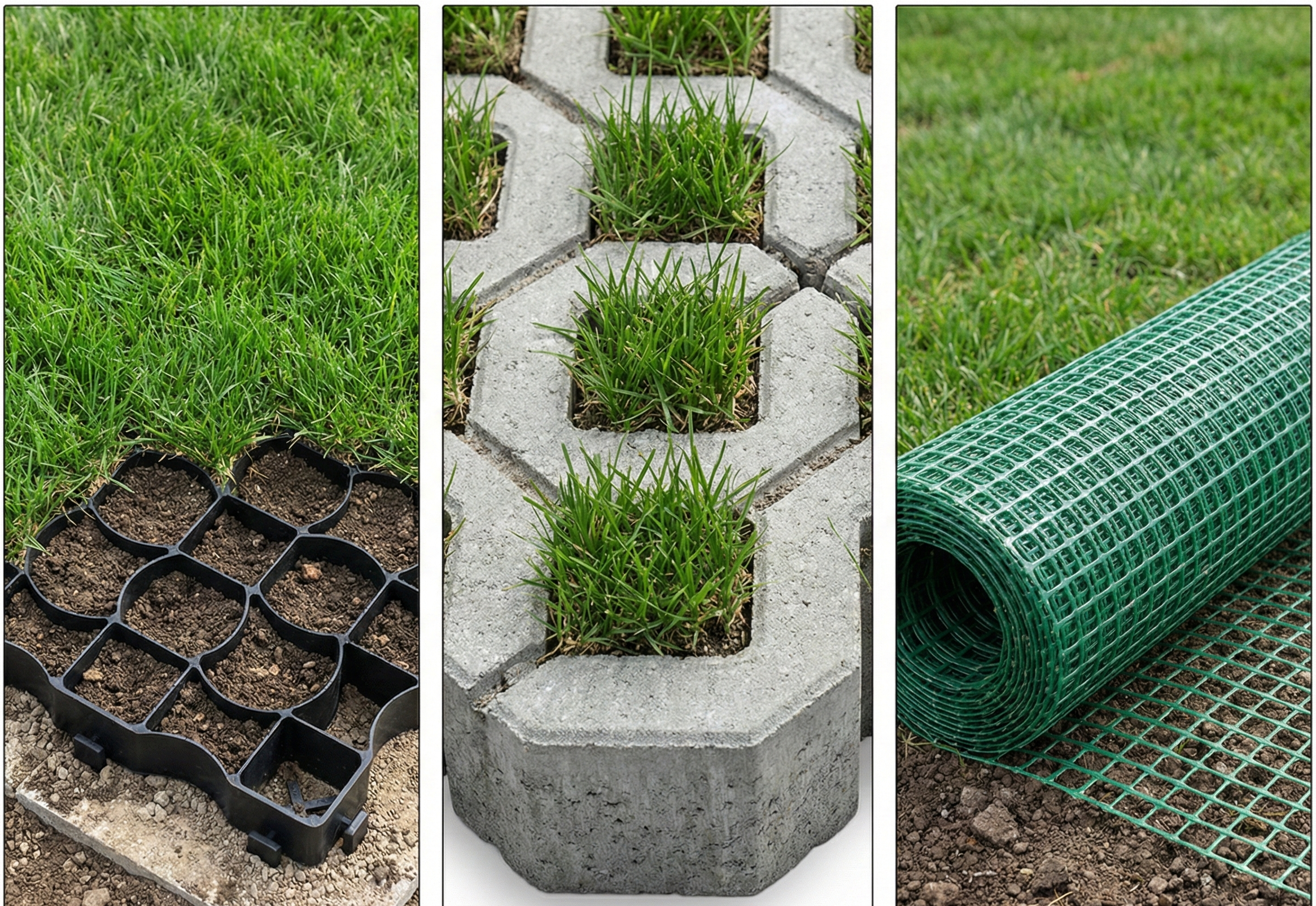 Three types of grass paver systems compared: flexible geocellular grid, rigid concrete block, and rolled mesh with load rating specifications