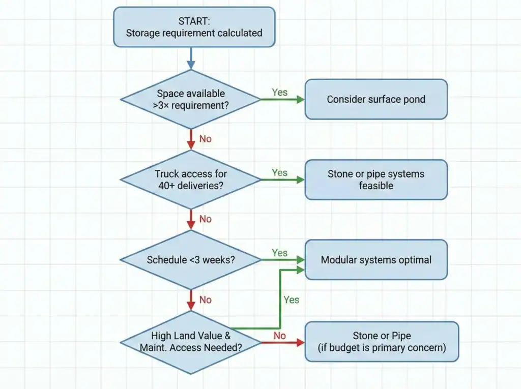 Decision tree flowchart guiding stormwater system selection based on project constraints. It illustrates that Modular Systems are the optimal choice when space is limited, truck access is restricted (<40 deliveries), or installation schedules are tight (<3 weeks).