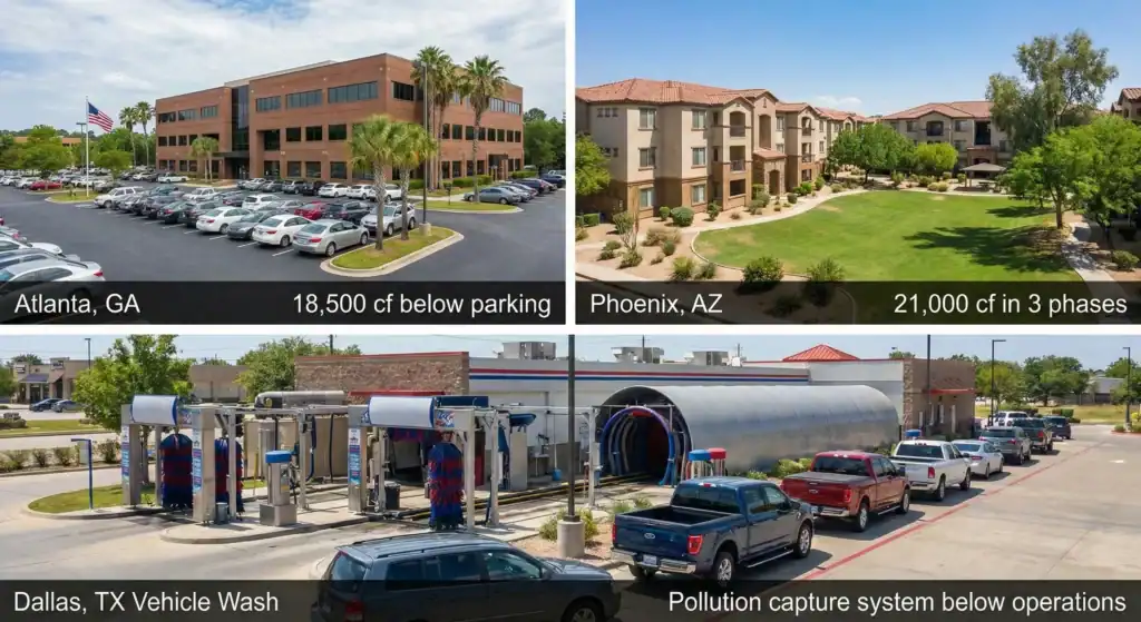 hree real-world project examples of subsurface stormwater management: an Atlanta commercial office with 18,500 cf detention under parking, Phoenix apartments with a 21,000 cf phased installation, and a Dallas vehicle wash featuring a pollution capture system below operations
