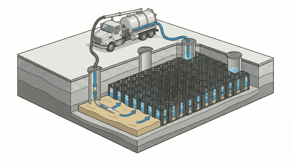 Diagramme montrant la configuration de l'accès pour l'entretien avec un camion aspirateur positionné à l'orifice d'accès de surface et un tuyau s'étendant dans le système souterrain de détention des eaux pluviales pour l'enlèvement des sédiments.