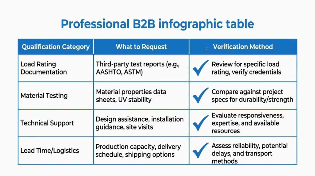 Tableau infographique présentant les critères de qualification des fournisseurs de systèmes souterrains de rétention des eaux pluviales, avec des coches pour les catégories documentation, essais, assistance et délais d'exécution.