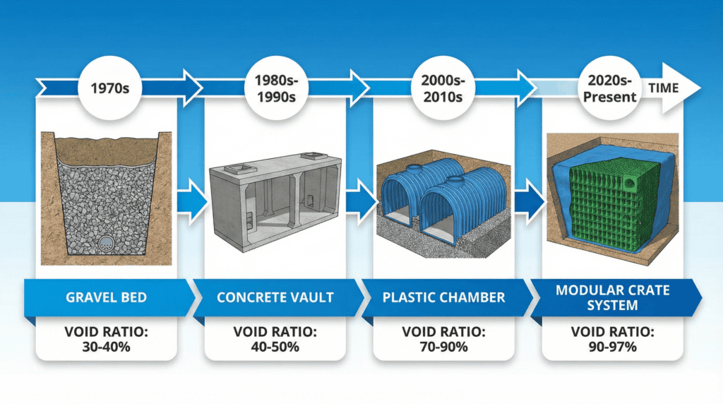 Timeline infographic showing evolution of underground stormwater detention from 1970s gravel trenches to 2020s geocellular modules with void ratio improvements at each stage