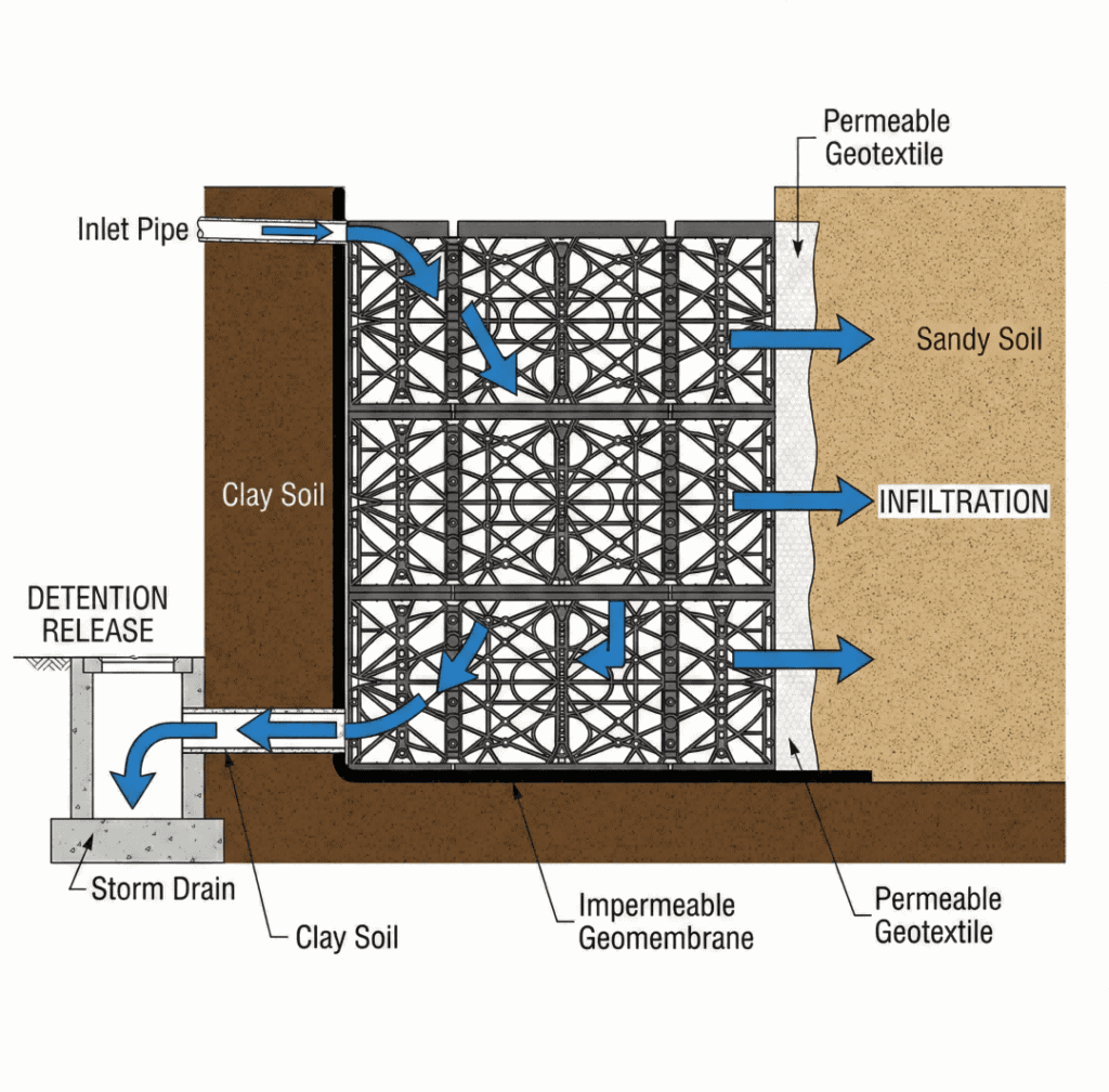 Hybrid system cross-section showing partial geomembrane and geotextile