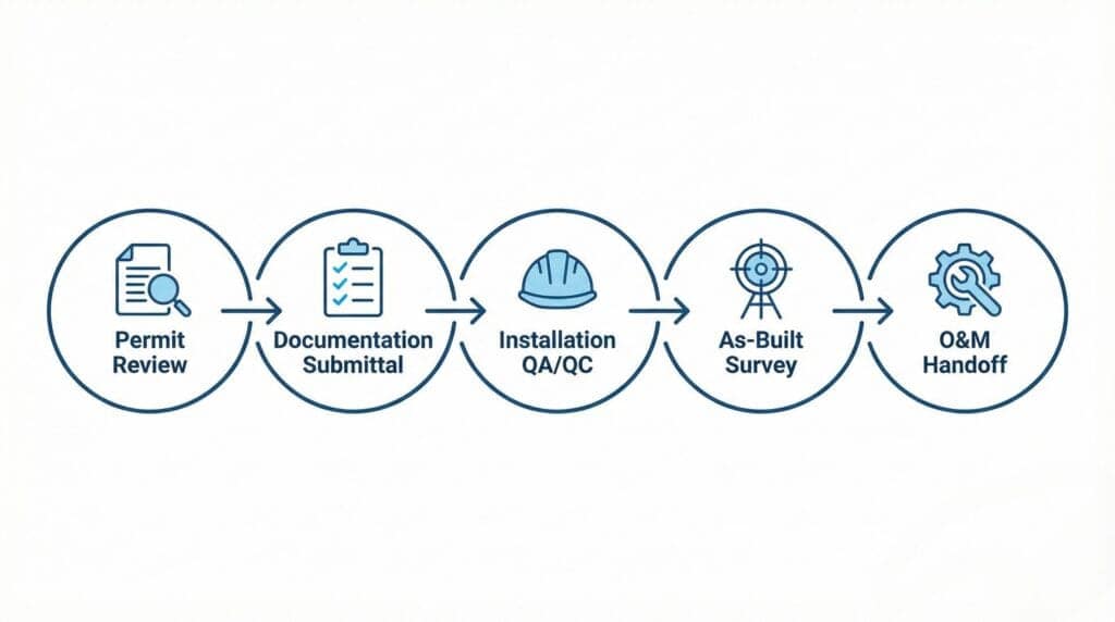 Diagramme de flux de travail horizontal montrant les cinq phases d'un projet de retenue des eaux pluviales souterraines : Examen du permis, soumission de la documentation, AQ/CQ de l'installation, étude de l'état des lieux et transfert de l'exploitation et de la gestion avec des icônes pour chaque phase.