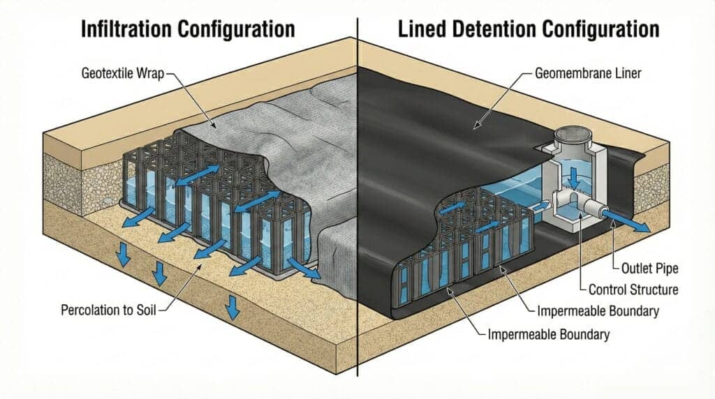 Diagramme de comparaison côte à côte montrant une configuration d'infiltration avec une enveloppe géotextile permettant à l'eau de percoler dans le sol par rapport à une configuration de rétention avec une géomembrane empêchant le contact avec le sol et une structure de contrôle de la sortie.