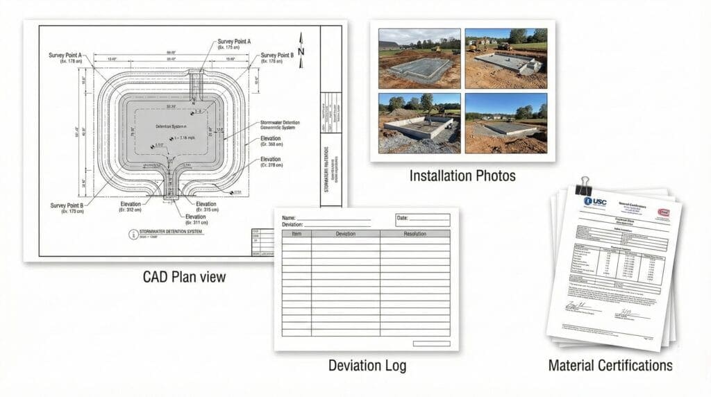 Exemple de documentation sur l'état d'avancement des travaux montrant une vue en plan avec des points d'arpentage, des photographies de la construction, un registre des écarts et des certifications de matériaux compilées.