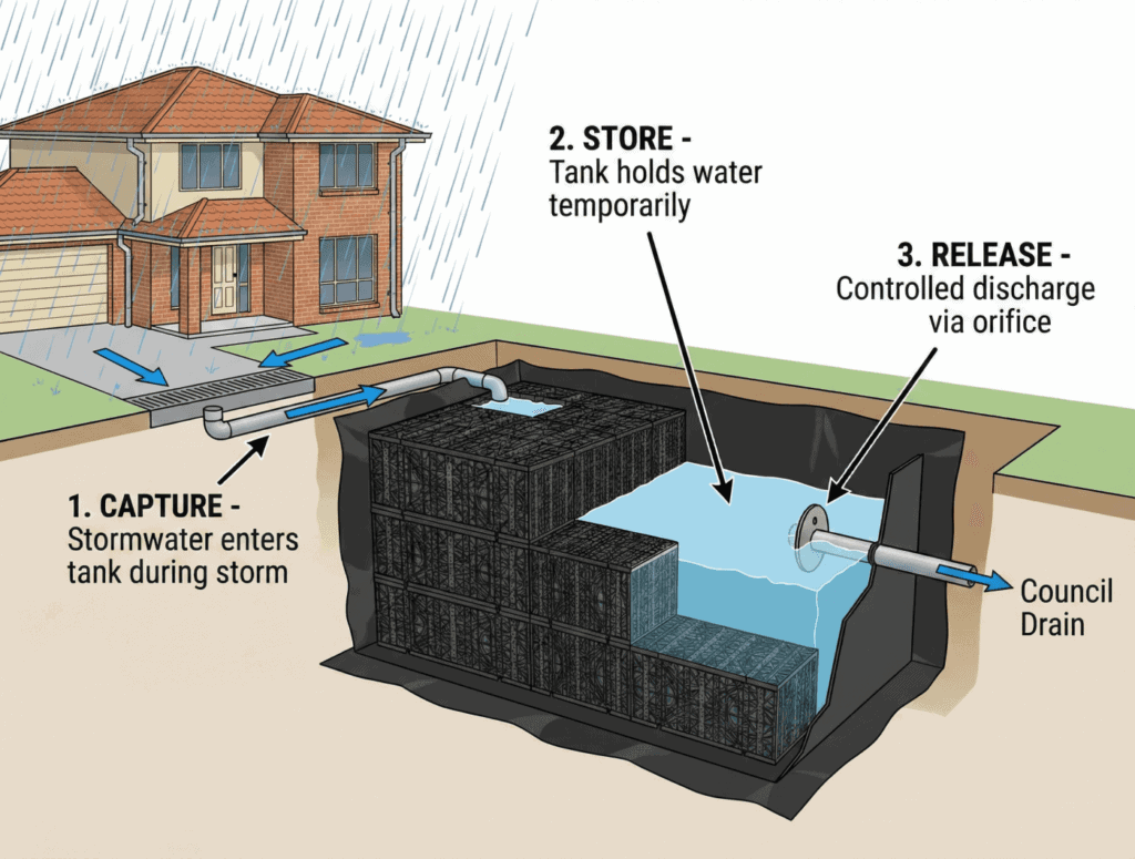 Diagram showing how OSD tanks capture and slowly release stormwater runoff
